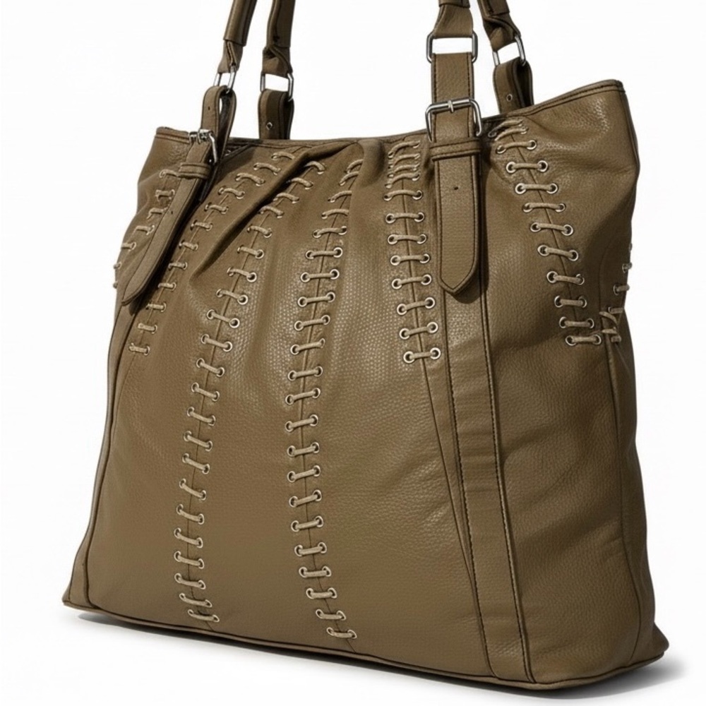 Barneys New York Brown Leather Lace-Up Tote Bag Large Slouchy Shoulder Bag Boho - Picture 6 of 16